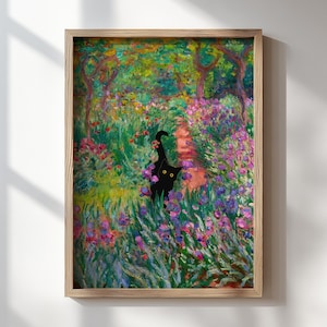 Black Cat In Monet Iris Garden Style Wall Art Print bloemenposter grappig cadeau