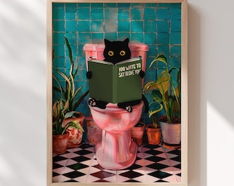 Divertente stampa artistica da parete per bagno con gatto nero, gatto che legge sul water, illustrazione, decorazione felina umoristica