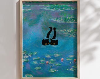 Funny Black Cats Swimming in Monet Style Lily Pond Wall Art Print Whimsical Impressionist Feline Decor Surreal Artwork