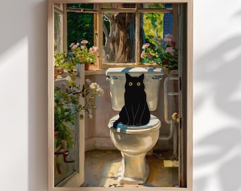 Impression d'art murale drôle de toilette de chat noir, affiche de bain, affiche de Monet, décoration de salle de bain
