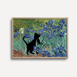 Cat Print Vincent Van Gogh's Irises Black Cat Art Floral Print Funny Gift Home Decor