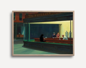 Affiche de chat Célèbre Peinture Hopper Nighthawks Drôle d’impression Art moderne Décoration intérieure