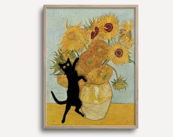 Schwarze Katze Print Van Gogh Sonnenblumen Stillleben Lustiges Geschenk Poster Wandkunst Home Dekor