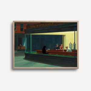 Cat Poster Famous Painting Hopper Nighthawks Funny Print Modern Art Home Decor