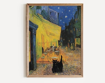 Cat Print Vincent Van Gogh Terrasse Des Cafes Black Cat Art Funny Valentines Gift