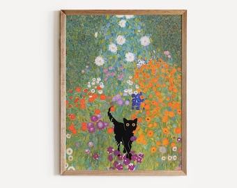 Cat Poster Famous Klimt Art Painting Bauerngarten Floral Print Wall Art Decor Cat Lover Gift