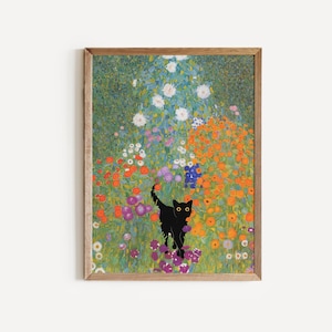 Cat Poster Famous Klimt Art Painting Bauerngarten Floral Print Wall Art Decor Cat Lover Gift