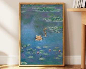Cat Print Monet Waterlily Funny Orange Tabby Gift Poster Wall Art Home Decor