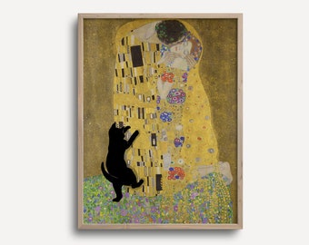 Cat Poster Klimt Kiss Print Art Painting Floral Wall Art Decor Cat Lover Gift