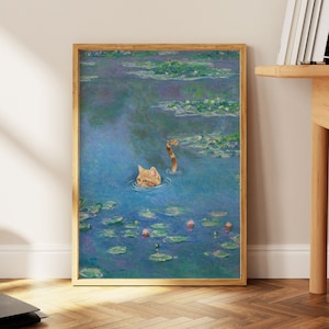 Cat Print Monet Waterlily Funny Orange Tabby Gift Poster Wall Art Home Decor