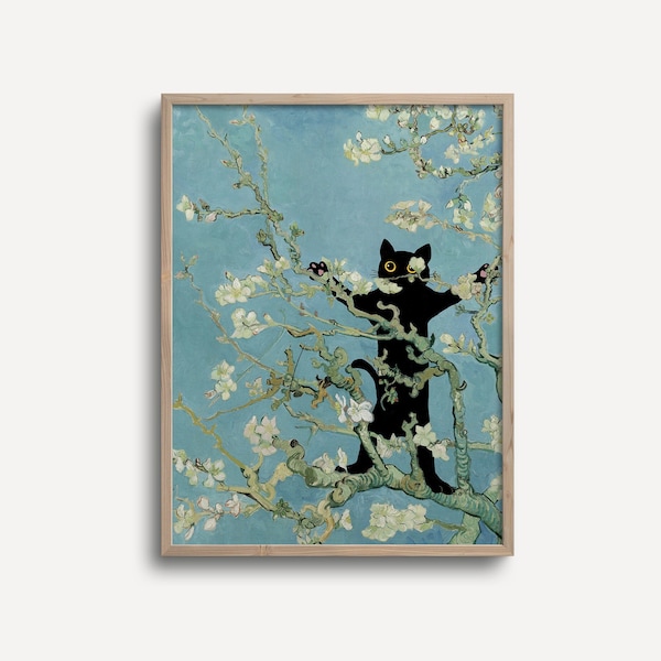 Cat Poster Van Gogh Almond Blossom Still Life Funny Gift Print Wall Art Famous Painting