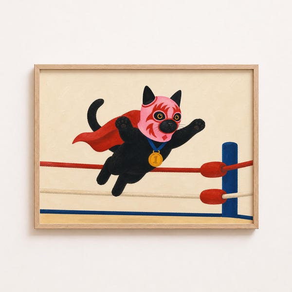 Lucha Libre Black Cat Print Mexican Wall Art Luchador Wrestling
