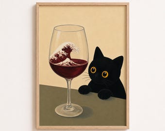 Black Cat Wine Print Great Wave Wine Glass Wall Art