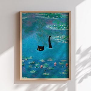 Cat Print Monet Swimming Waterlily Funny Gift Poster Wall Art Home Decor