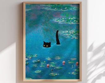 Cat Print Monet Swimming Waterlily Funny Gift Poster Wall Art Home Decor