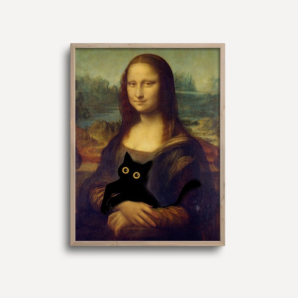 Mona Lisa mit Katze Pop Illustration Gemälde Druck Wand Kunst Leonardo Kunst Gemälde Lustiges Poster Geschenk Vintage Wandkunst