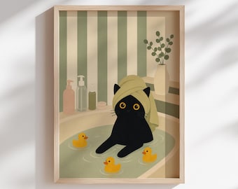 Black Cat Bath Print Cute Cat Bathroom Wall Art Rubber Duck Painting Whimsical Spa Cat Decor