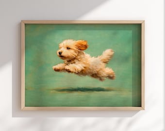 Peut inclure: Peinture encadrée d'un petit chien crème et duveteux en plein saut. Le chien a des oreilles tombantes et une queue, sur fond vert-turquoise. L'œuvre est dans un cadre en bois.