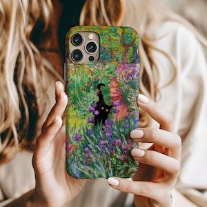 Custodia per telefono con gatto nero Monet, meme, per iPhone 16, 15 Pro Max, 14 Plus, 13, 12, 11, XR e Samsung, Pixel