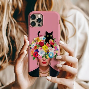 Custodia per telefono Frida Flowers Black Cat per iPhone 16, 15 Pro Max, 14 Plus, 13, 12, 11, XR e Samsung, Pixel