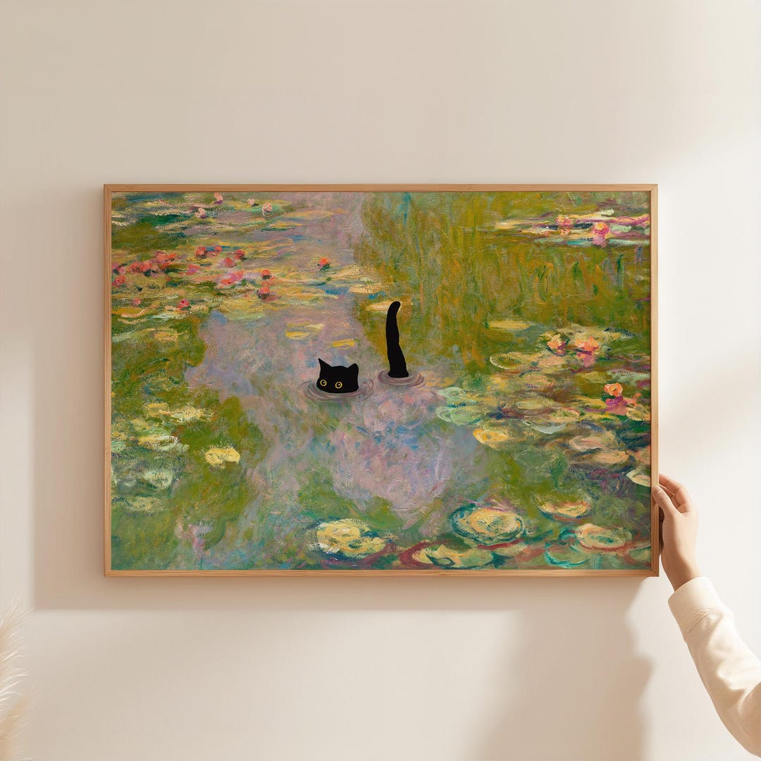 Cat Print Monet Waterlily Funny Gift Poster Black Cat Swimming Wall Art ...