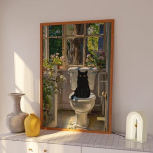 Funny Black Cat Toilet Wall Art Print Bath Monet Poster Bathroom Decor ...