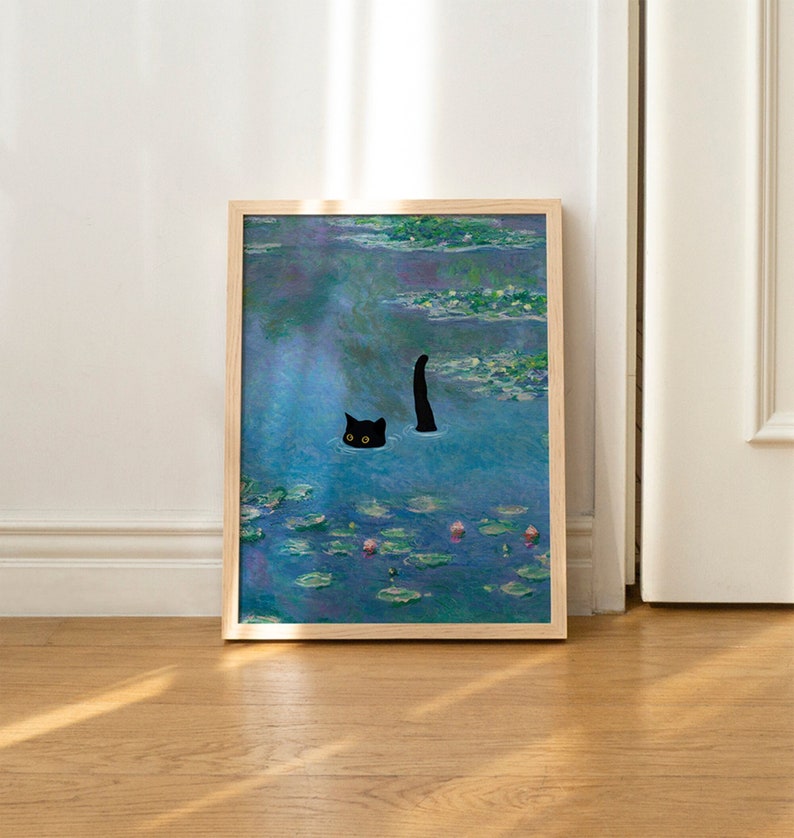 Katze-Druck, Monet-Seerose, lustiges Geschenk, Poster, Wandkunst, Heimdekoration, ungerahmt Bild 1