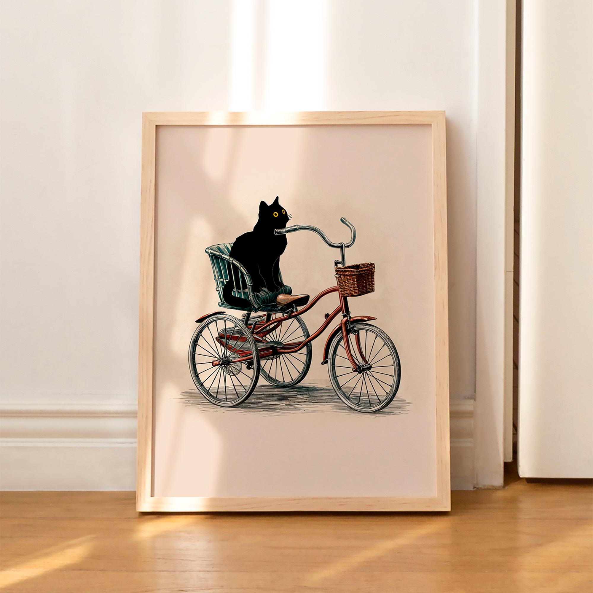Cat Print Tricycle Black Cat Funny Gift Poster Wall Art Home Decor WITHOUT FRAME