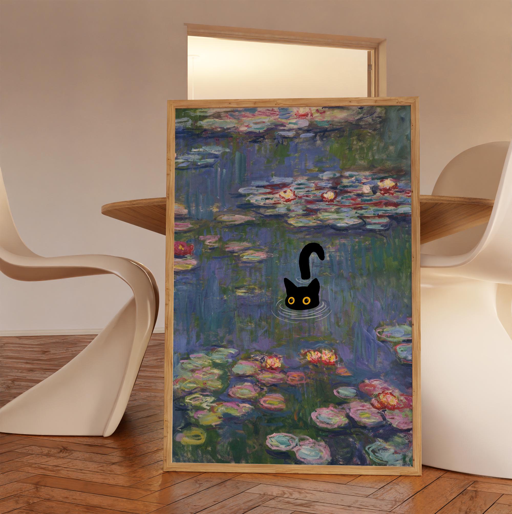 Cat Print Monet Water Lilies Funny Gift Poster Wall Art Home Decor ...