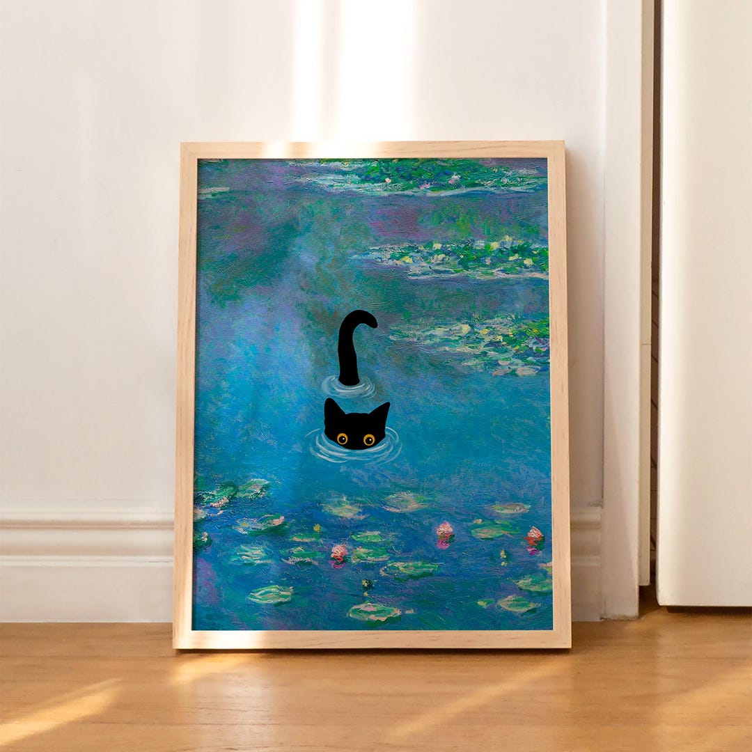 Cat Art Print Monet Waterlily Funny Black Cat Gift Poster Wall Art Home ...