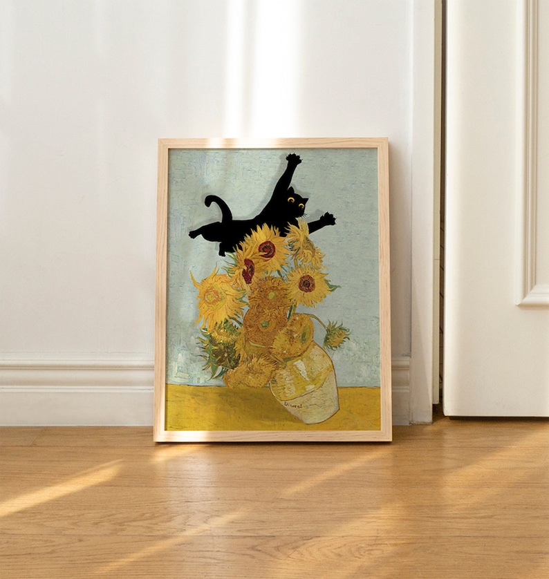 Cat Print Van Gogh Sunflowers Still Life Funny Gift Poster Wall Art UNFRAMED image 1