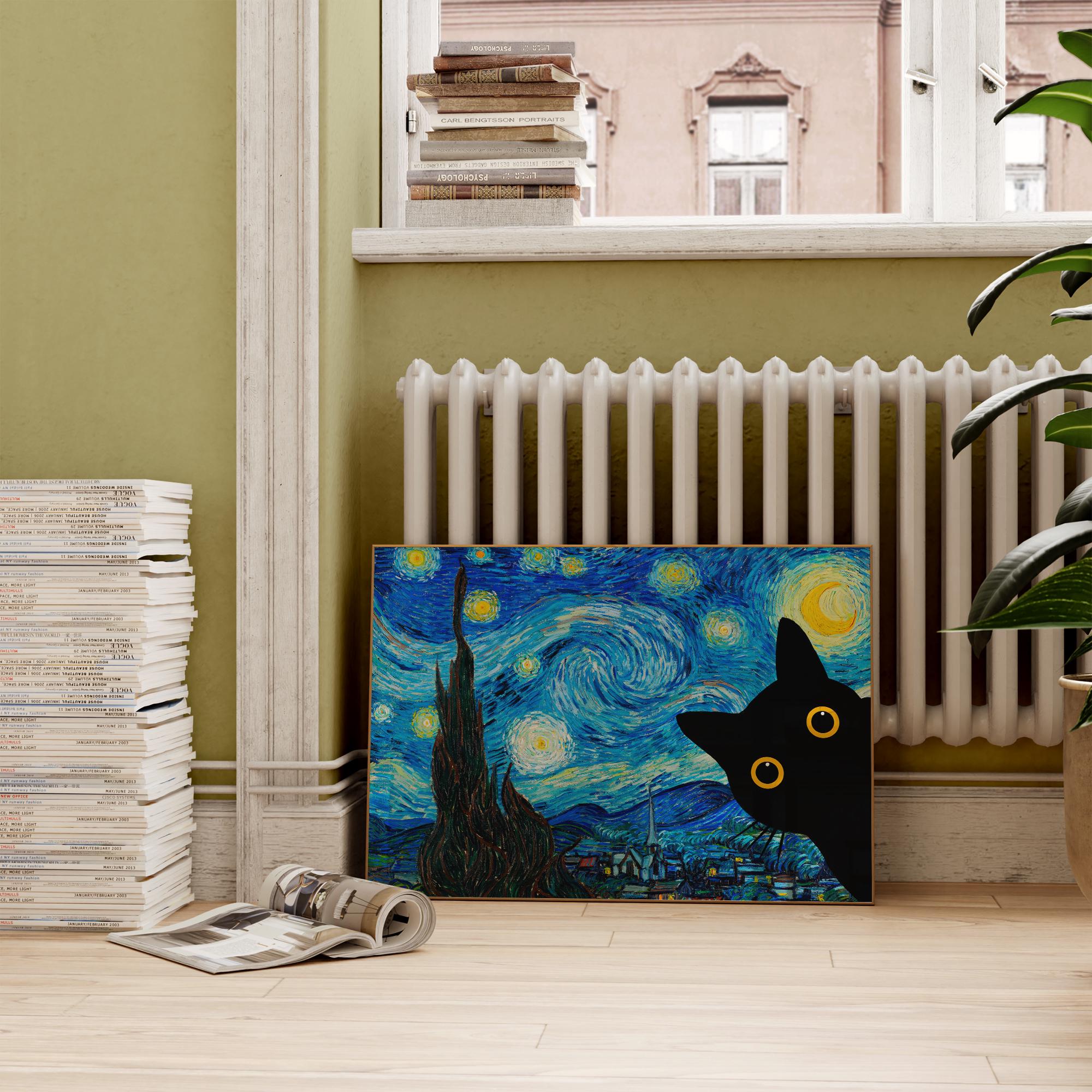 Custodia IPhone 16 Van Gogh - Notte Stellata Con Gatto Tigrato Arancione, Portafoglio A Libro - 2