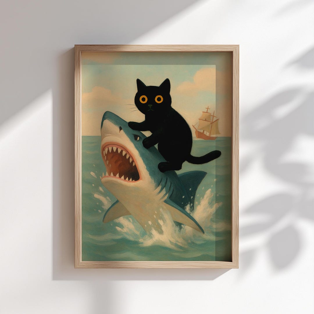 Funny Black Cat Riding Shark Wall Art Print Whimsical Surreal Feline ...
