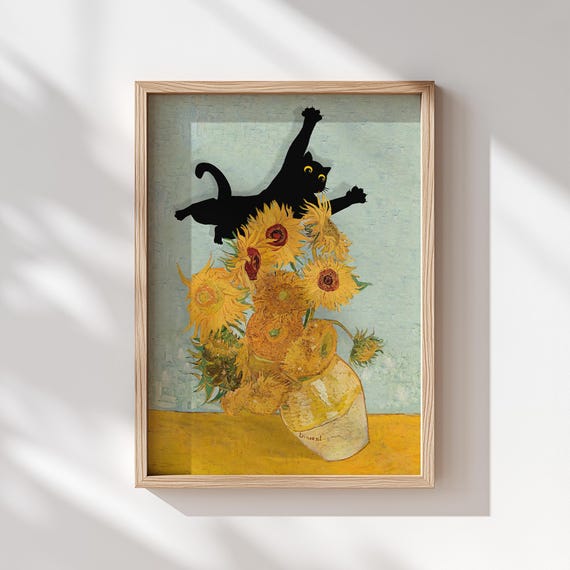 Cat Print Van Gogh Sunflowers Gift Poster Funny Black Cat Jumping