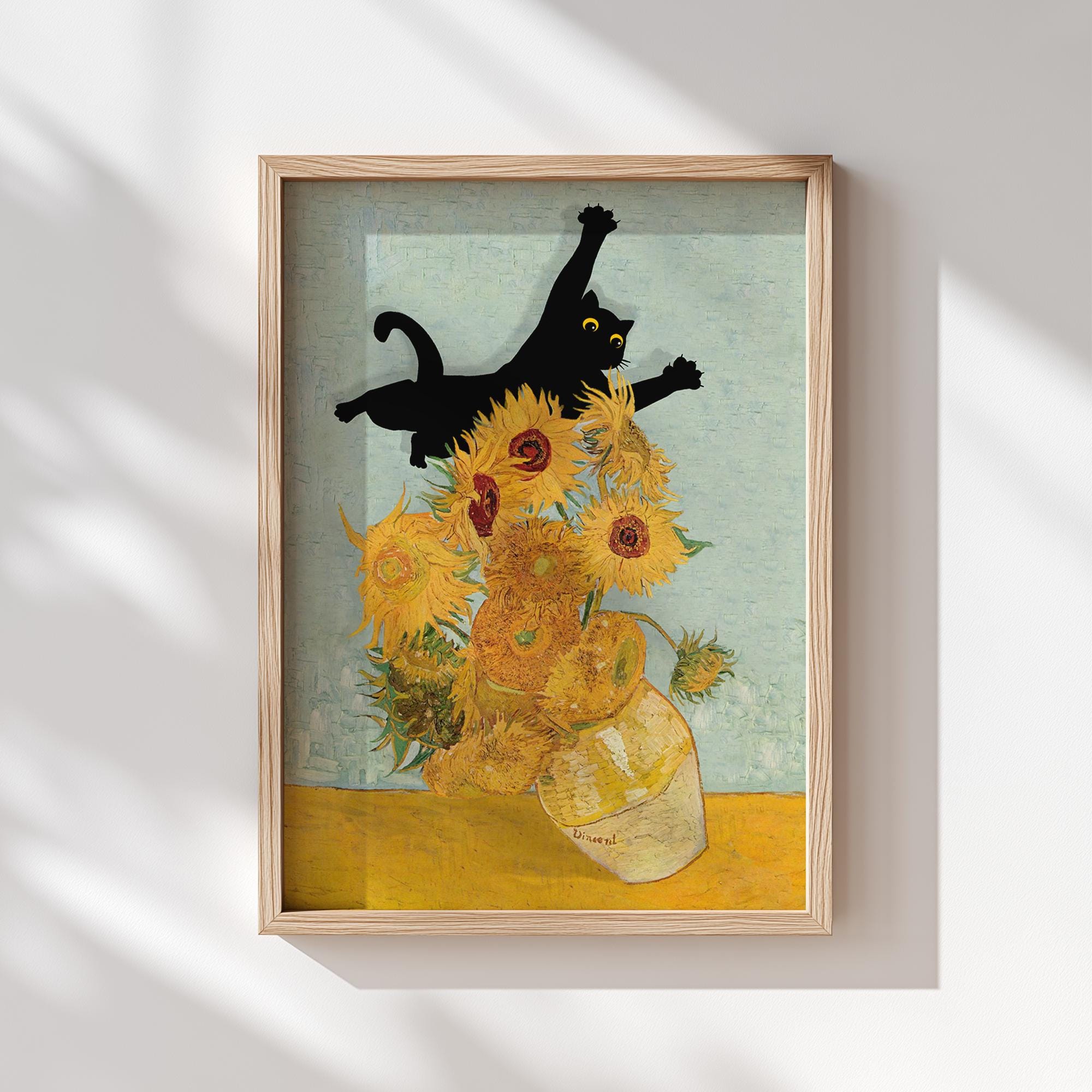Cat Print Van Gogh Sunflowers Gift Poster Funny Black Cat Jumping