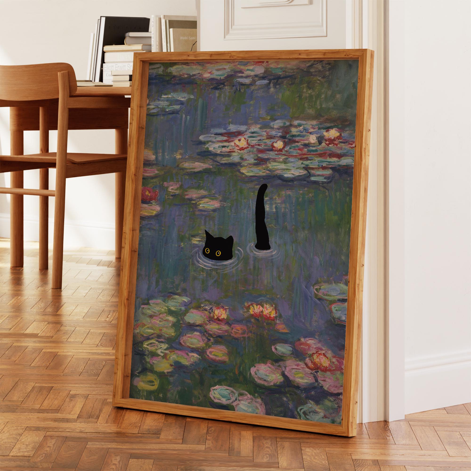 Cat Print Monet Water Lilies Funny Black Cat Gift Poster Wall Art Home ...