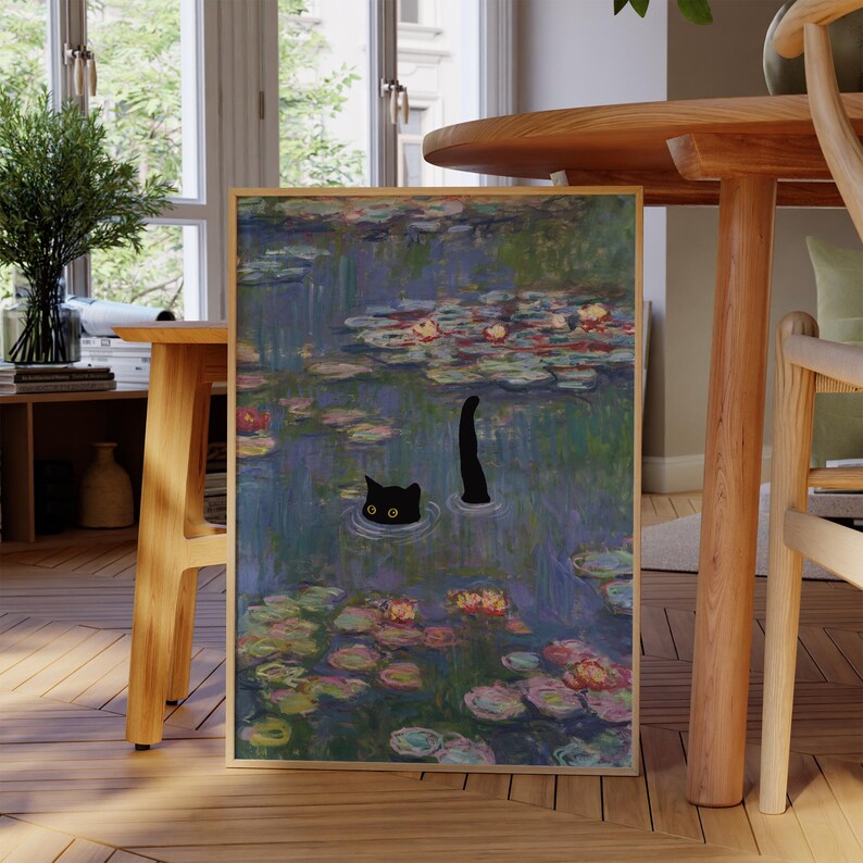 Cat Print Monet Water Lilies Funny Black Cat Gift Poster Wall Art Home ...
