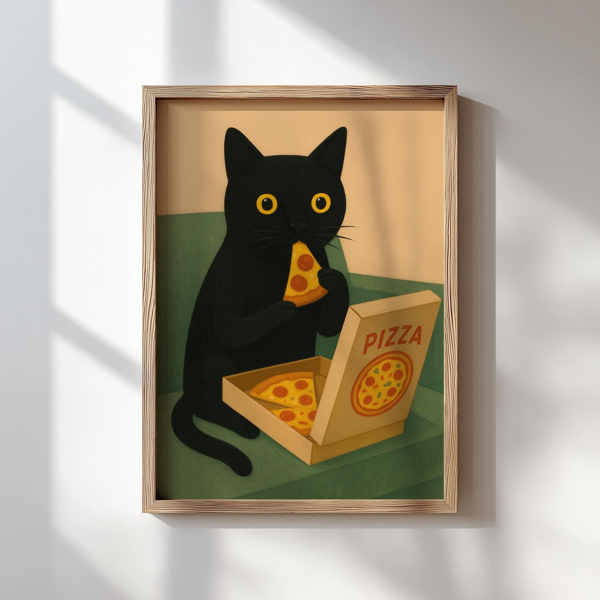 Black Cat Eating Pizza Wall Art Print Minimalist Feline