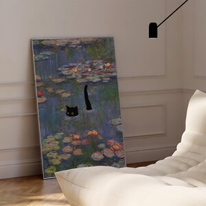 Cat Print Monet Water Lilies Funny Black Cat Gift Poster Wall Art Home ...