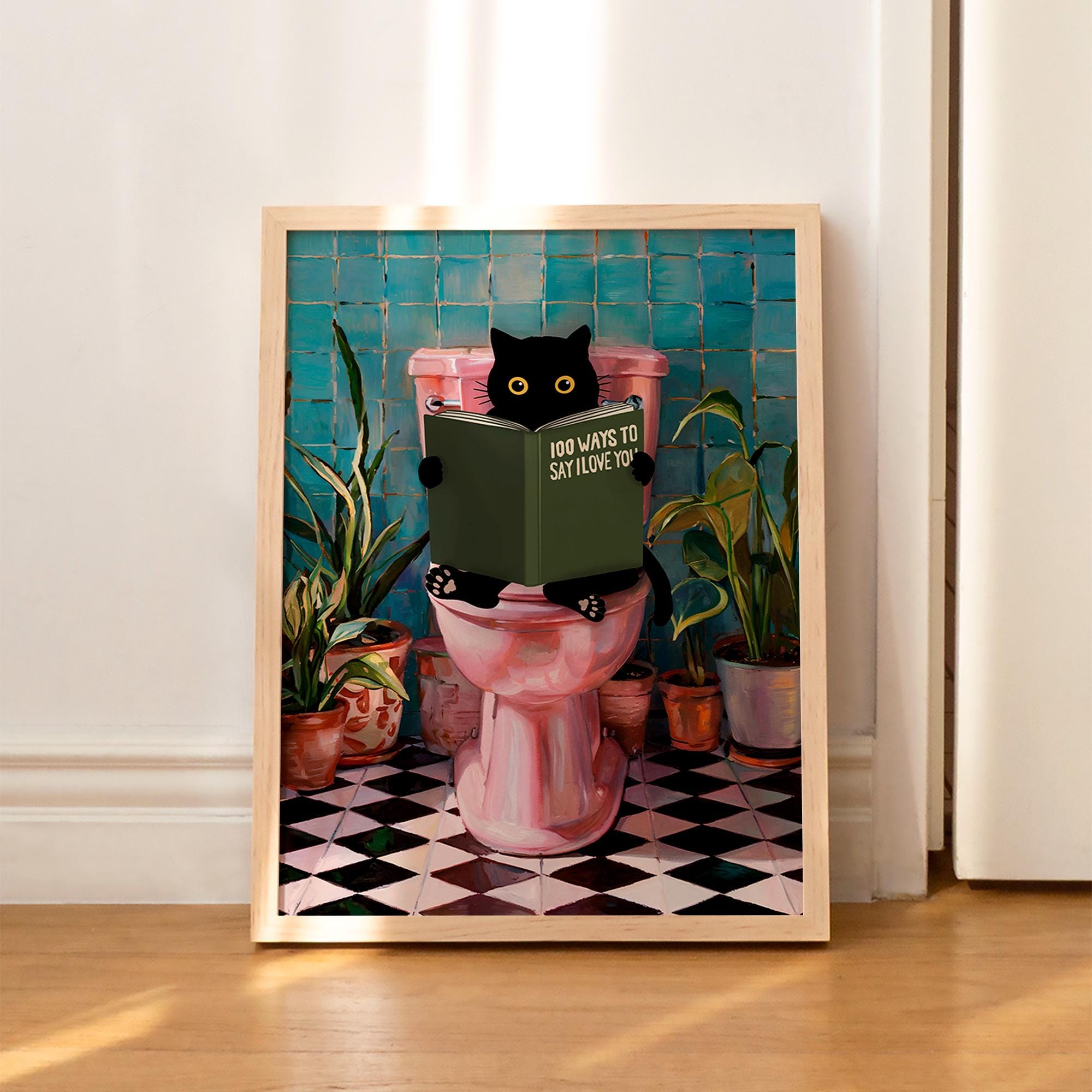 Bathroom Cat Print Funny Poster Wall Decor Pooping Print Pink Toilet Wall Art WITHOUT FRAME