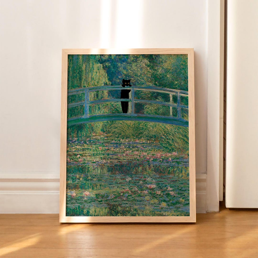 Cat Print Monet Water Lilies Bridge Funny Gift Poster Wall Art Home ...