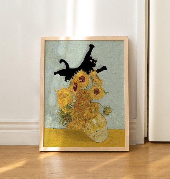 絵画 猫 猫の絵 アクリル画 ゴッホ 向日葵 オマージュ cat art 絵画 猫 ゴッホ 向日葵 ミニ画 パロディ オマージュ cat art