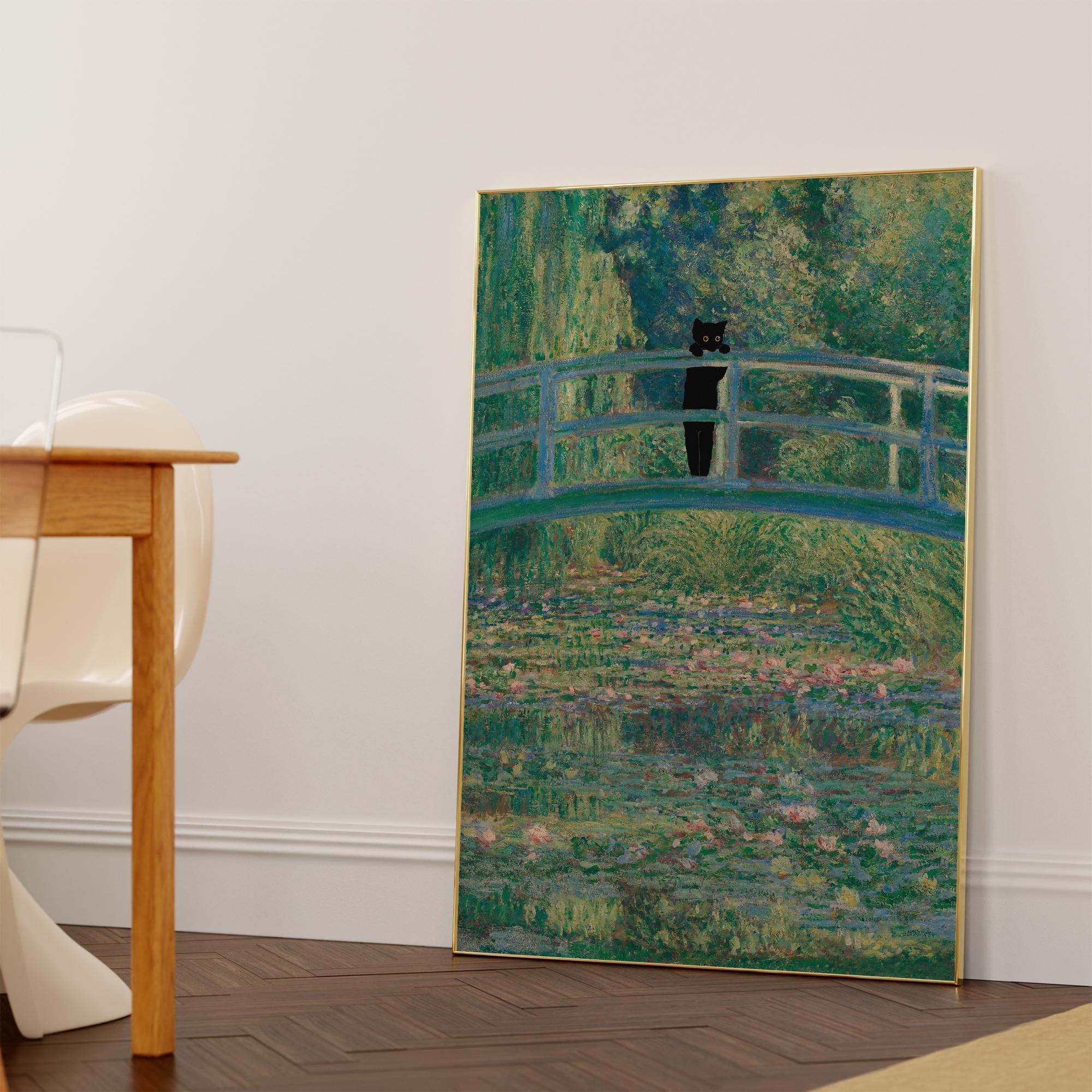 Cat Print Monet Water Lilies Bridge Funny Gift Poster Wall Art Home ...