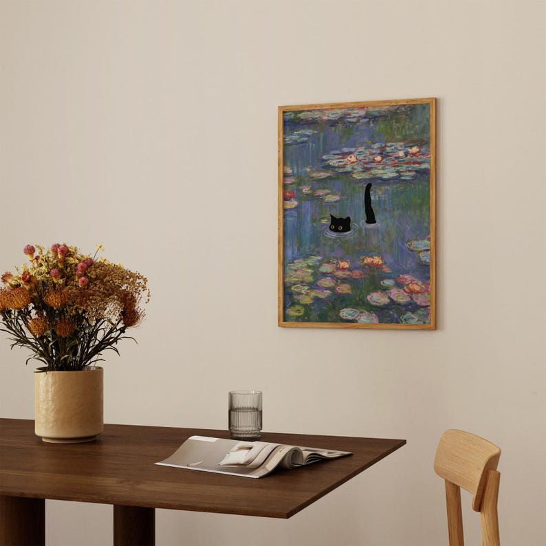 Cat Print Monet Water Lilies Funny Black Cat Gift Poster Wall Art Home ...
