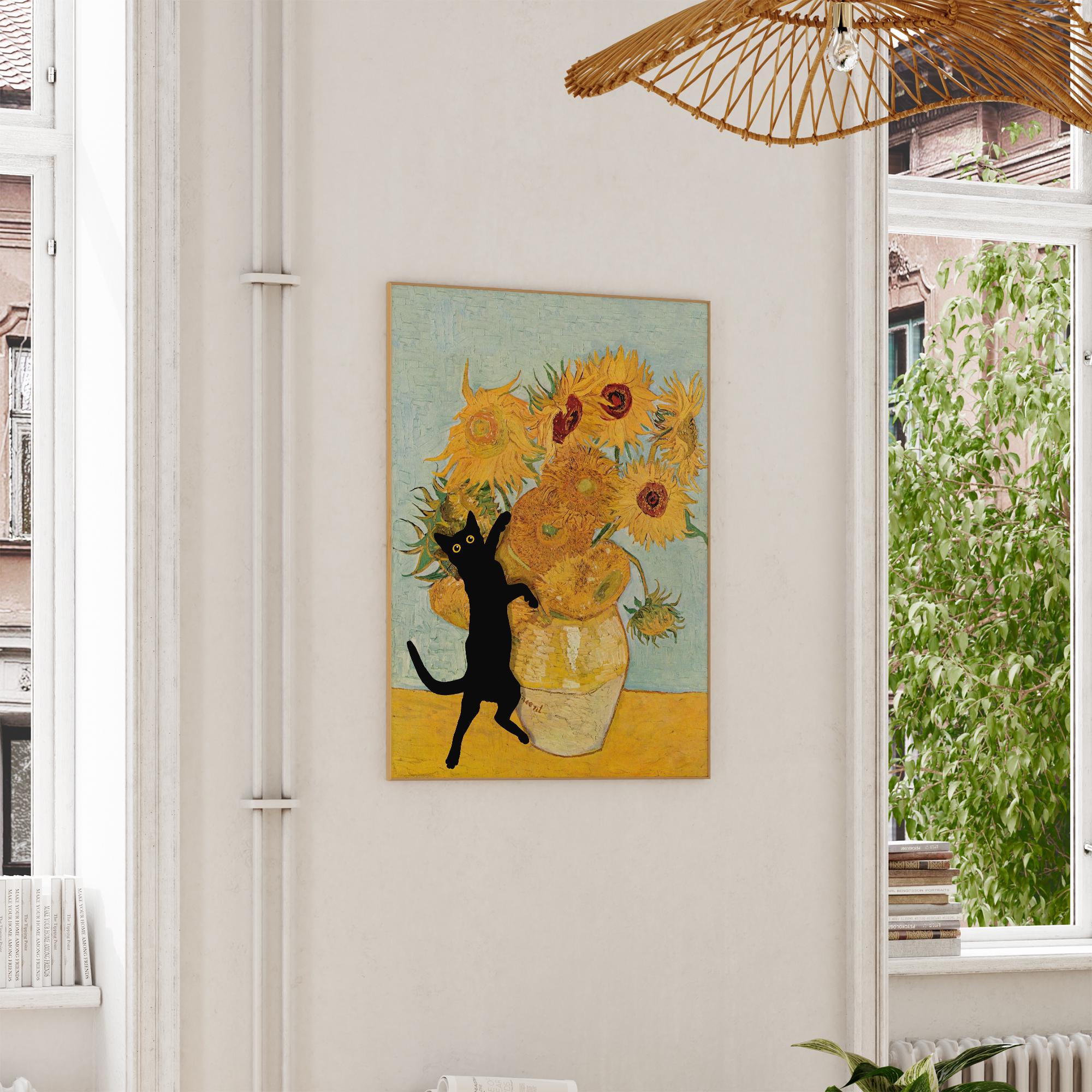 黒猫プリント ゴッホ ひまわり 静物画 おもしろギフト ポスター