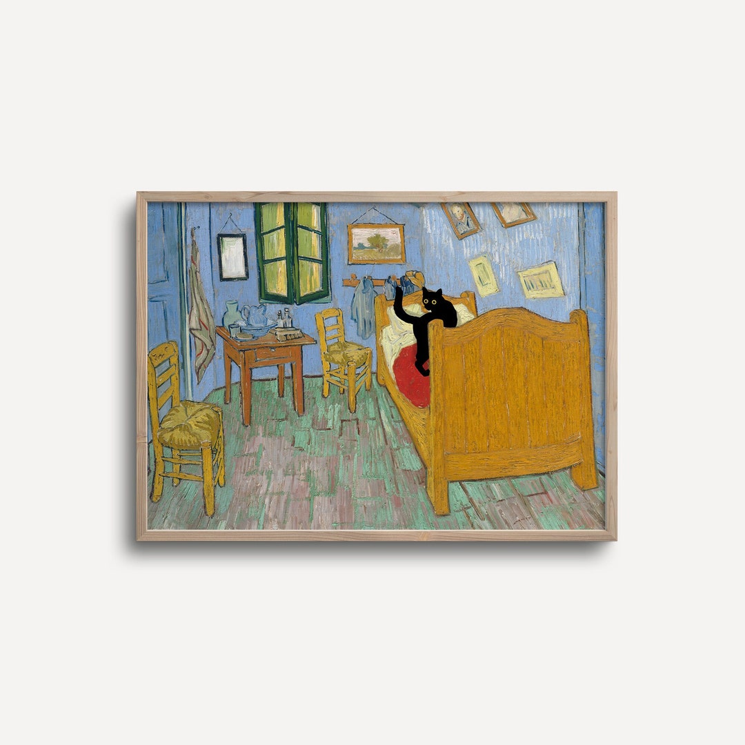 Funny Black Cat Wall Art – Hiding In Sunflowers Van Gogh Style – Framed Canvas Poster 8x10 Inches
