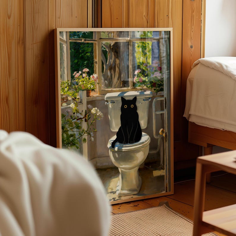 Funny Black Cat Toilet Wall Art Print Bath Monet Poster Bathroom Decor ...