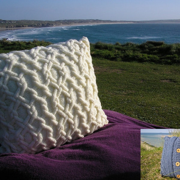 Knitting pattern for two cabled cushion covers in aran yarn