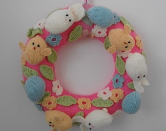 Knitting pattern for easter wreath with bunnies, chicks, eggs, flowers