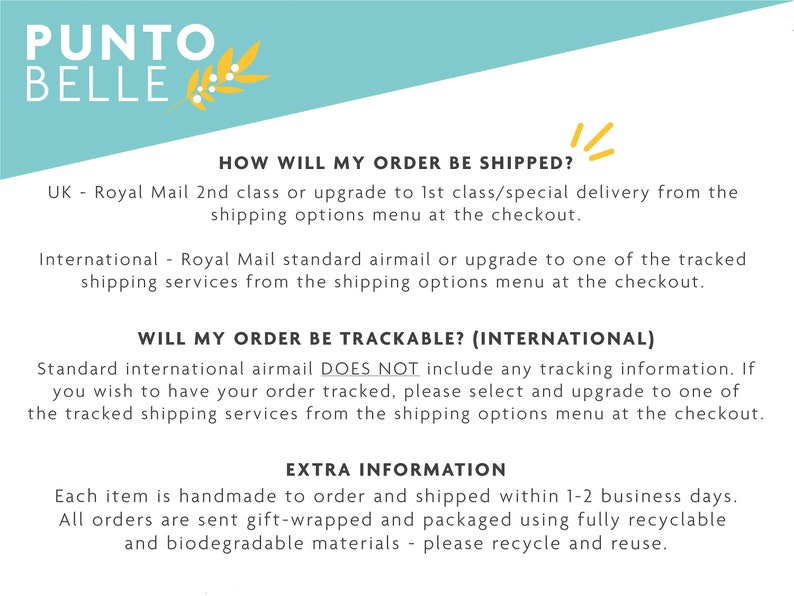 May include: A text-based image with a blue and white background. The text reads "PUNTO BELLE" in a large font. The text below explains how orders will be shipped and if they are trackable. The text also includes information about the packaging and shipping times.